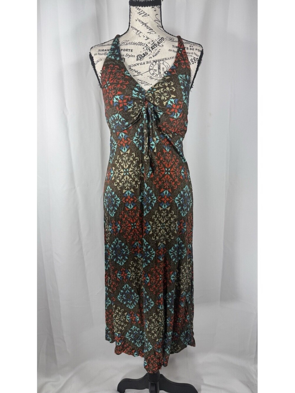Etcetera Womens Size 6 Silk Blend Maxi Dress Boho Medallion Print Open Back